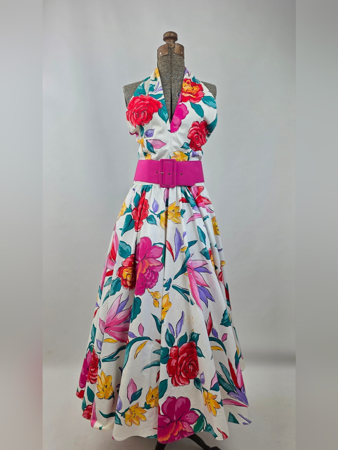 Victor Costa Vintage 80's Women's Belted Floral Cotton Halter Party Sundress 10